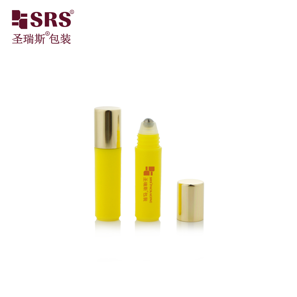 Eco-friendly PP Plastic Mini Round Empty Bright Perfume Sample Packaging Bottle with Steel Roller Ball Rose Gold Cap