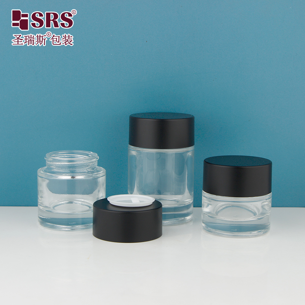 Custom Transparent Black 20g 30g 50g 100g Glossy Matte Skincare Round Cream Jar Glass Jar 