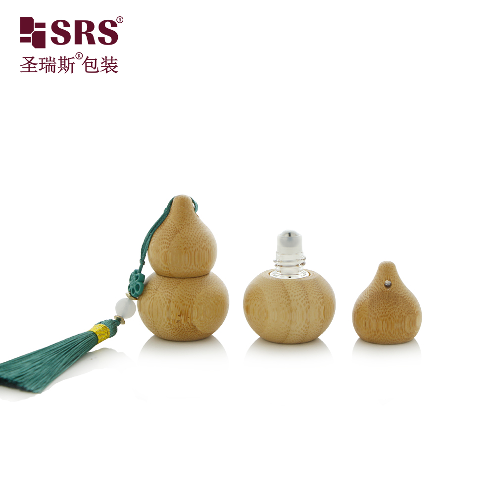 Custom Chinese Style Natural Bamboo Gourd Shape 2ml Glass Roll on Bottle with Steel Roller Ball and Handing