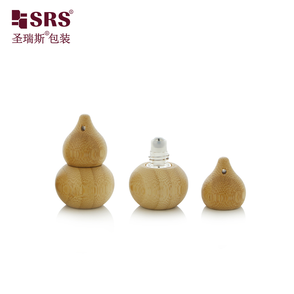 Custom Chinese Style Natural Bamboo Gourd Shape 2ml Glass Roll on Bottle with Steel Roller Ball and Handing