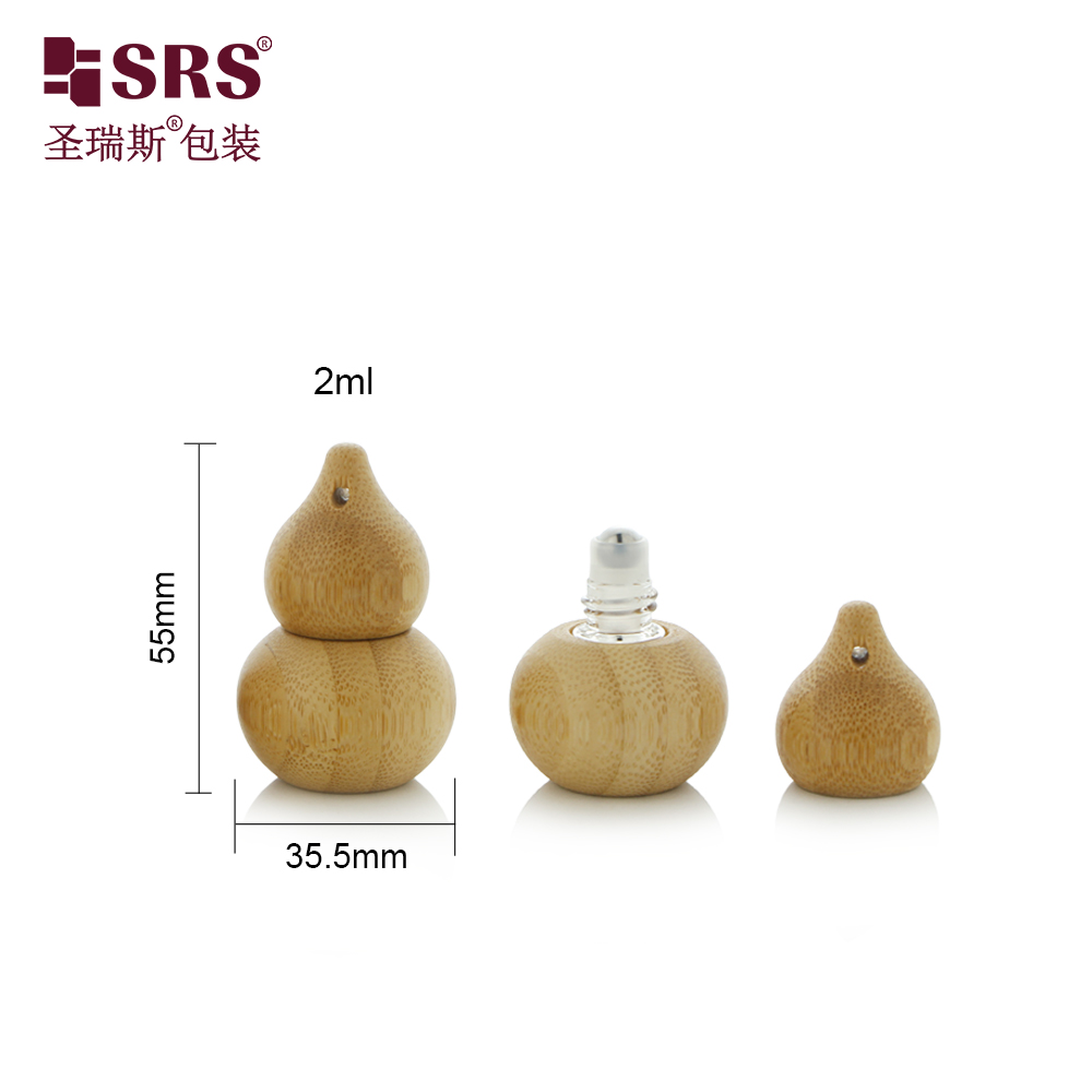 Custom Chinese Style Natural Bamboo Gourd Shape 2ml Glass Roll on Bottle with Steel Roller Ball and Handing