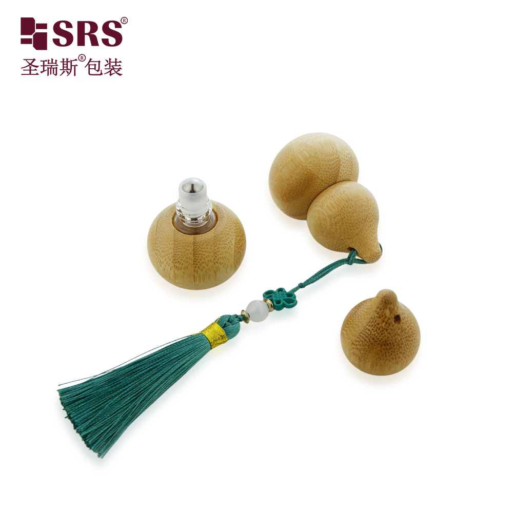 Custom Chinese Style Natural Bamboo Gourd Shape 2ml Glass Roll on Bottle with Steel Roller Ball and Handing
