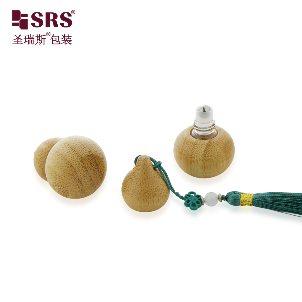 Custom Chinese Style Natural Bamboo Gourd Shape 2ml Glass Roll on Bottle with Steel Roller Ball and Handing