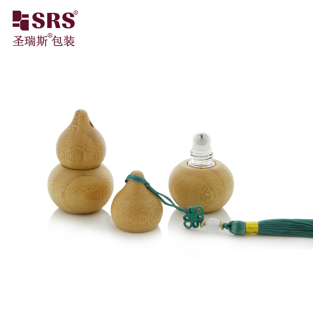 Custom Chinese Style Natural Bamboo Gourd Shape 2ml Glass Roll on Bottle with Steel Roller Ball and Handing