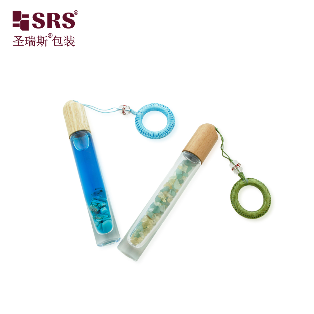 Cosmetic Glass Container Round Clear 10ml Roller Bottle with Wooden Hook Cap 