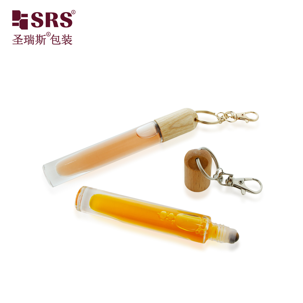 Cosmetic Glass Container Round Clear 10ml Roller Bottle with Wooden Hook Cap 