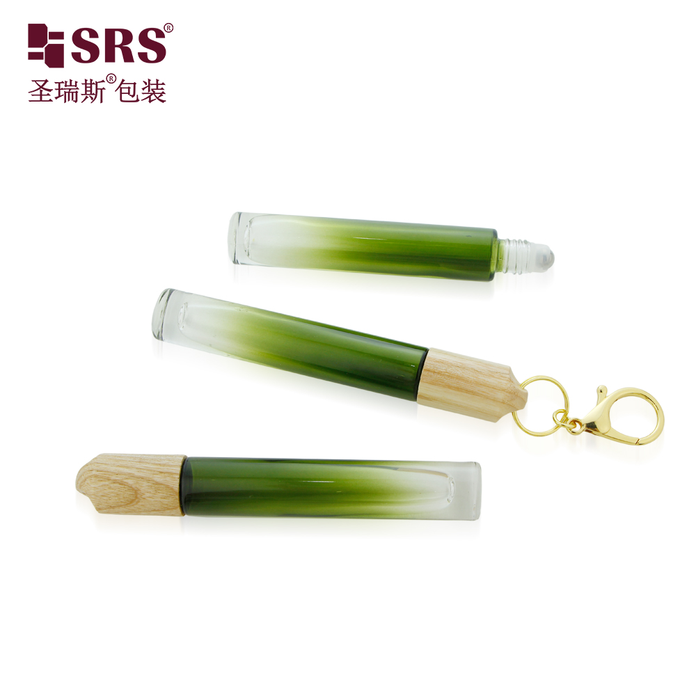 Cosmetic Glass Container Round Clear 10ml Roller Bottle with Wooden Hook Cap 