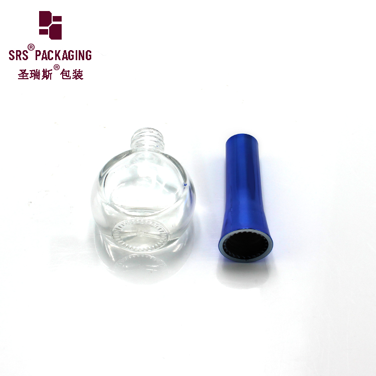Round Clear 9ml Nail Polish Glass Bottle with Silver Blue Cap and Brush