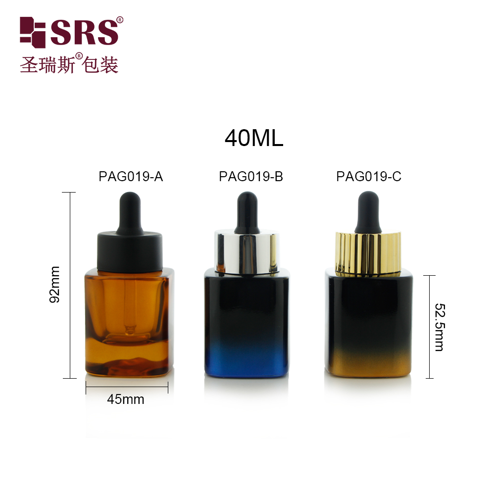 Custom Logo Square 40ml Glass Serum Dropper Bottles for Skin Care Cosmetic Hair Oil 