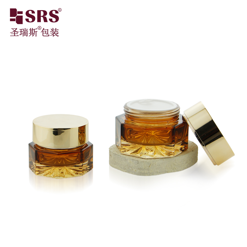 Luxury Style Amber Glass Cosmetic Packaging 30ml 50ml Empty Jar with Gold Cap