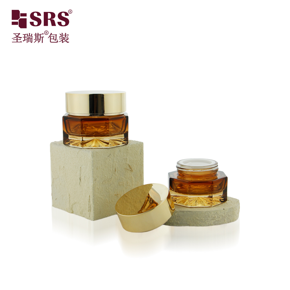 Luxury Style Amber Glass Cosmetic Packaging 30ml 50ml Empty Jar with Gold Cap