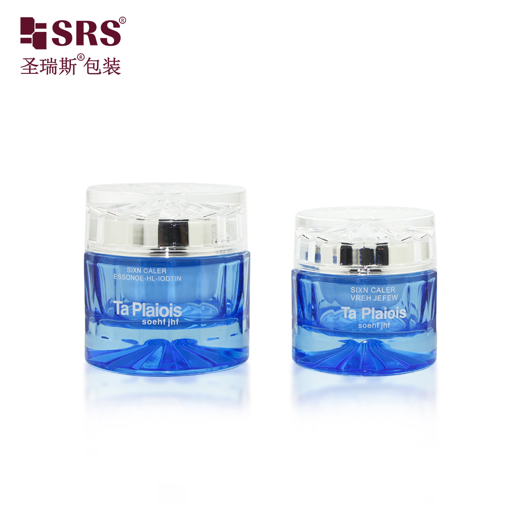 Hot Selling 30g 50g Luxury Cylinder Blue Skin Care Product Cosmetic Glass Bottle Jar Container Set