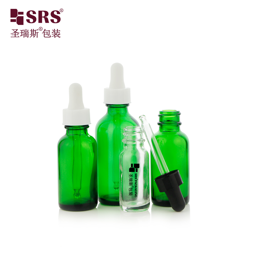 15ml 30ml 60ml Green Glass Boston Round Shape Dropper Lid Bottle For Essential Oil