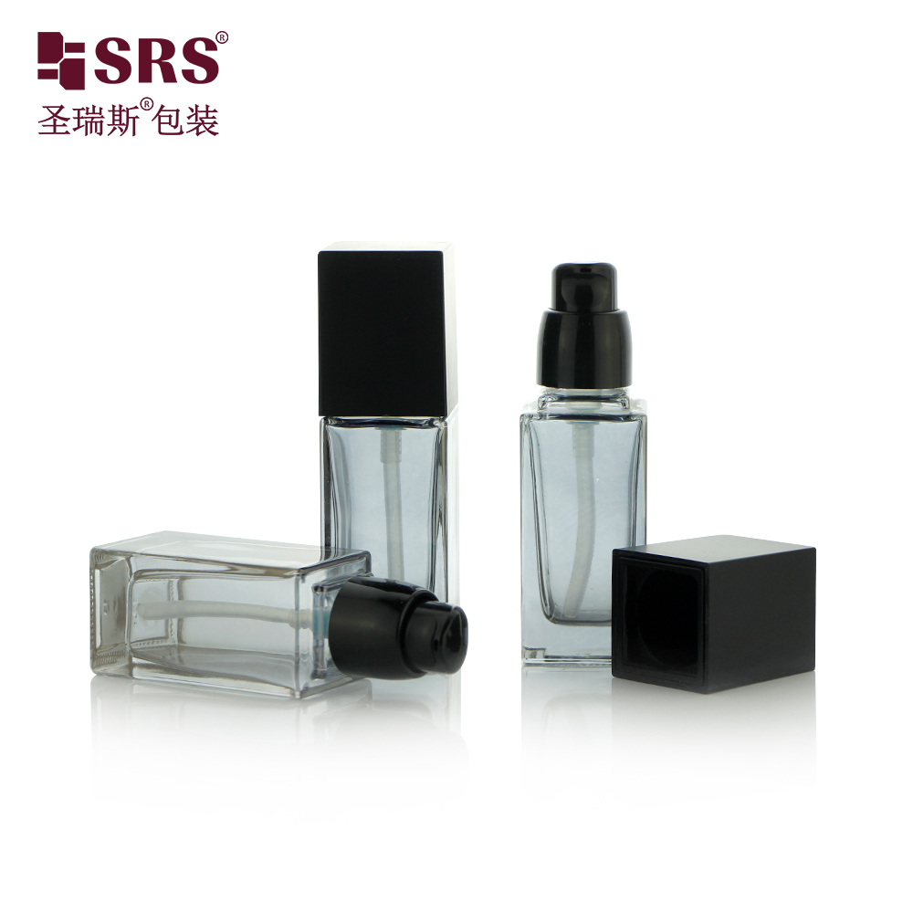 Black Glass Bottle Square Shape Foundation Bottle Packaging Set with Pump and Cap 