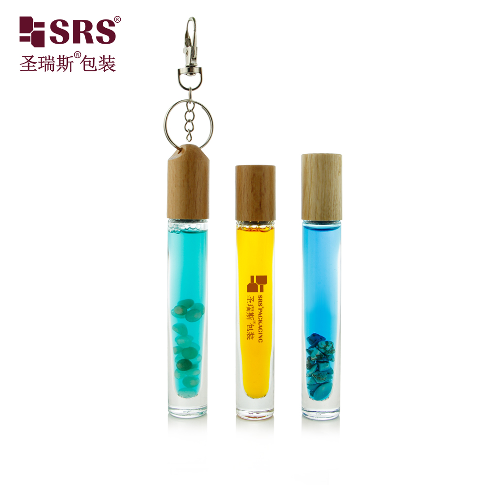 Cosmetic Glass Container Round Clear 10ml Roller Bottle with Wooden Hook Cap 