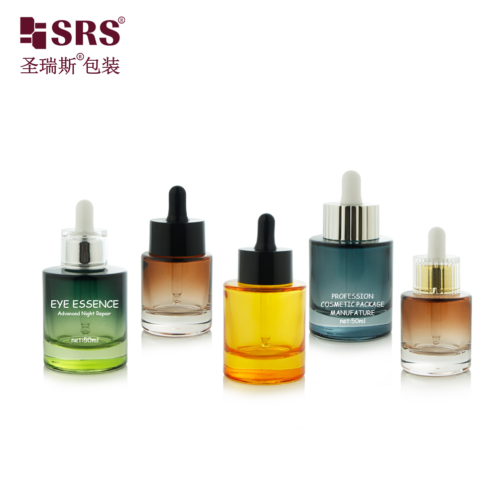 Flat Shoulder 30ml 50ml Cosmetic Colorful Serum Essential Oils Glass Dropper Bottle 