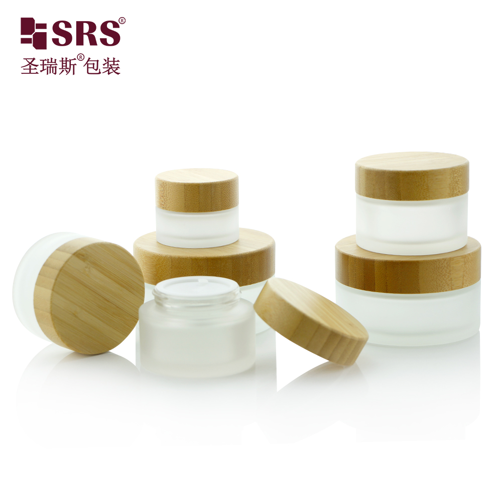 Frosted Glass Jar Skin Care Eye Cream Jars Pot Refillable Bottle Cosmetic Container With Wood Grain Lid 15g 30g 50g