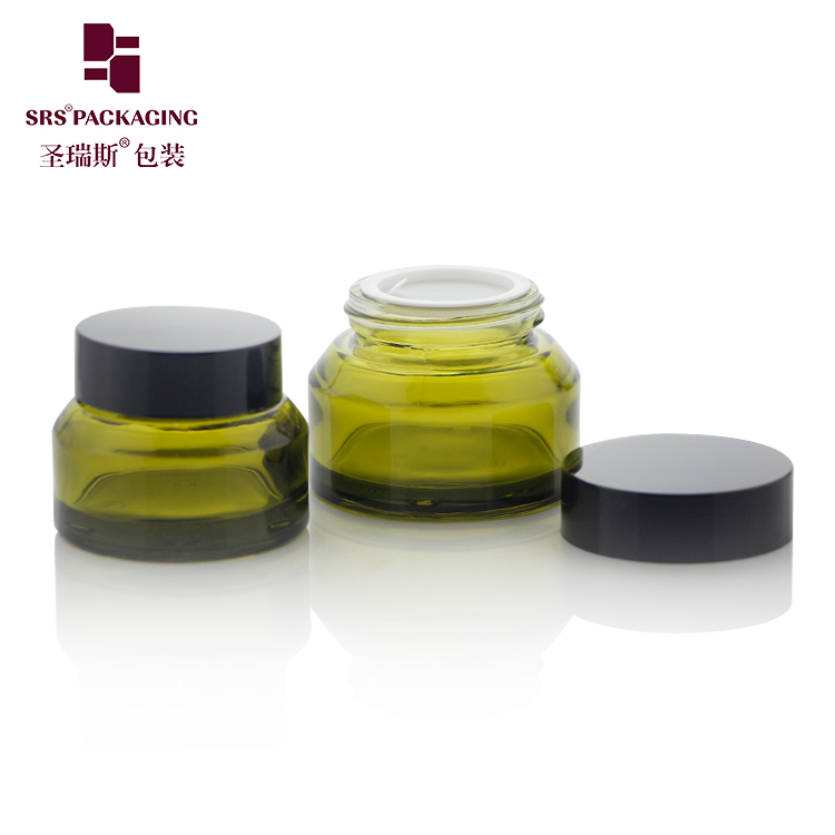 J318 Green Cosmetic Glass Packaging Jar 15ml 30ml 50ml with Black Screw Lid