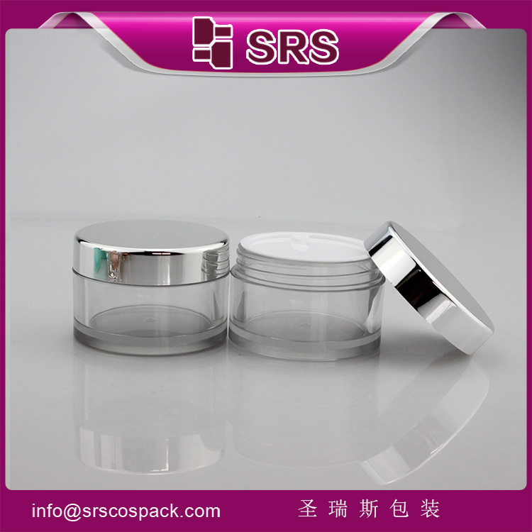 SRS 50ml empty plastic clear PETG cream jar with silver cap