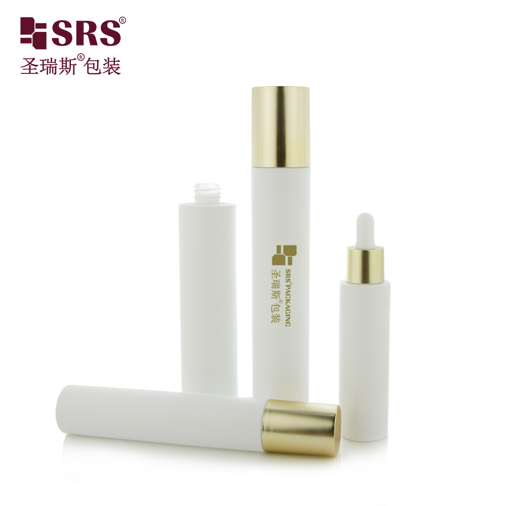 Round Cylinder 30ml 50ml 80ml 100ml White Gold Cosmetics Dropper Lotion Serum Glass Bottle