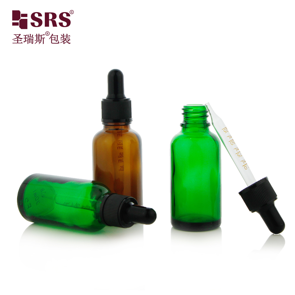 SRS Lace Ribbed General Cap Seven Capacity Clear Amber Blue Green Color Essential Oil Glass Dropper Bottle