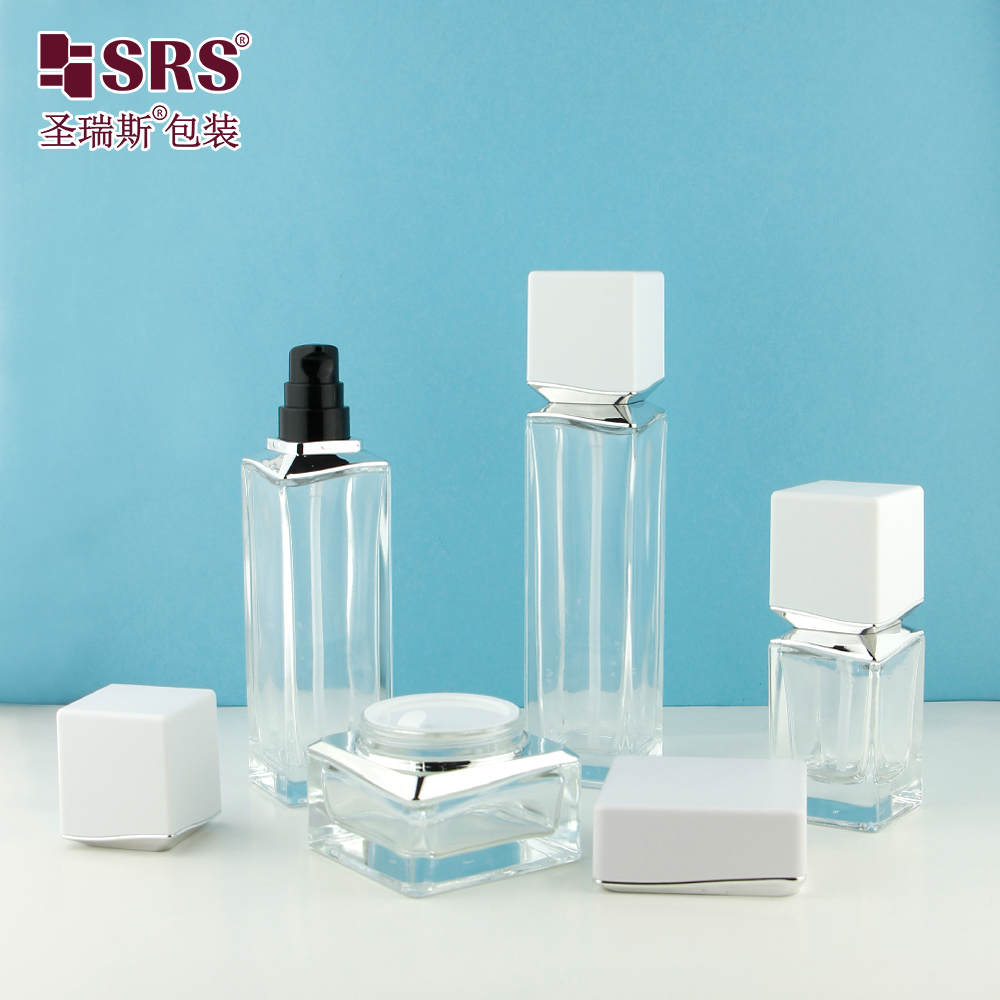 Screen Printed Face & Eye Cream Cosmetic Packaging Skin Care Square Glass Bottle 